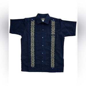Men’s Linen Navy Guayabera with Gold Embroidery Short Sleeve